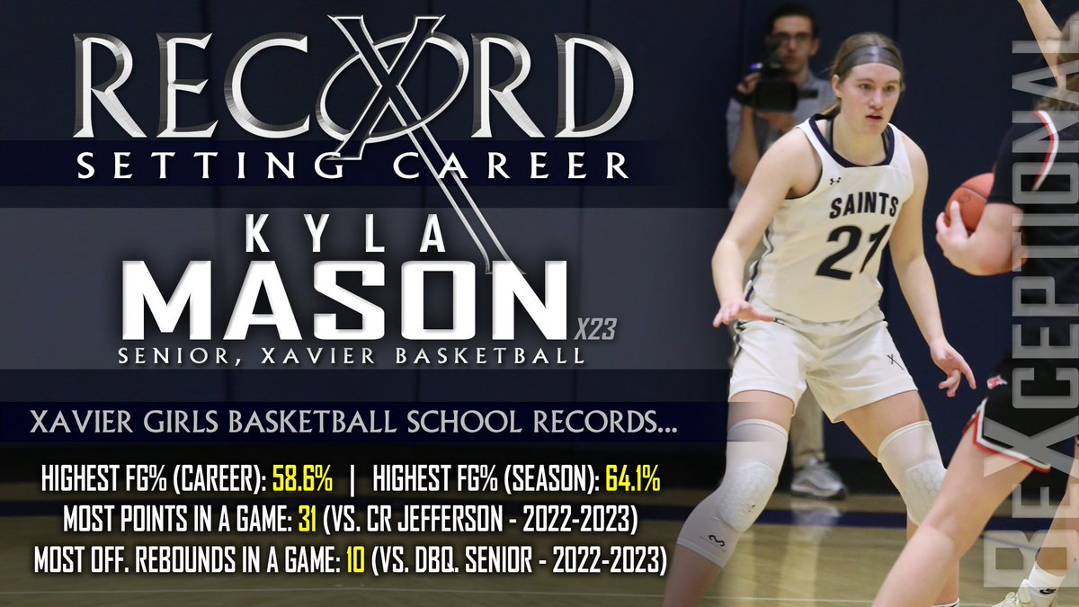 Xavier Basketball senior, Kyla Mason, certainly made her mark in the @CRXAVIERGBB record books following an 'xceptional senior season in which she was named 2nd Team All-State. Kyla is now the owner of multiple program records (career, season, game). #BeXceptional