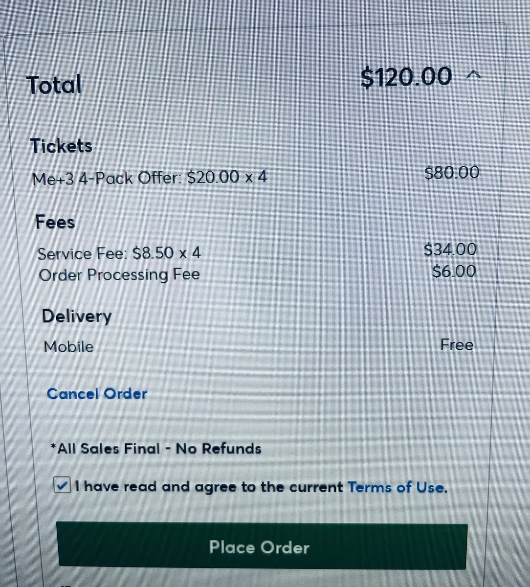 GolfCincy's tweet photo. This is why artist/musicians should sell direct. #Ticketmaster takes an $80 ticket special and turns it into a $120 purchase. They add $40 to this $80 order for using their service. That’s 💩 #ripoff #scam #afm @The_AFM @Ticketmaster #Livenation https://t.co/DB4OreQP94