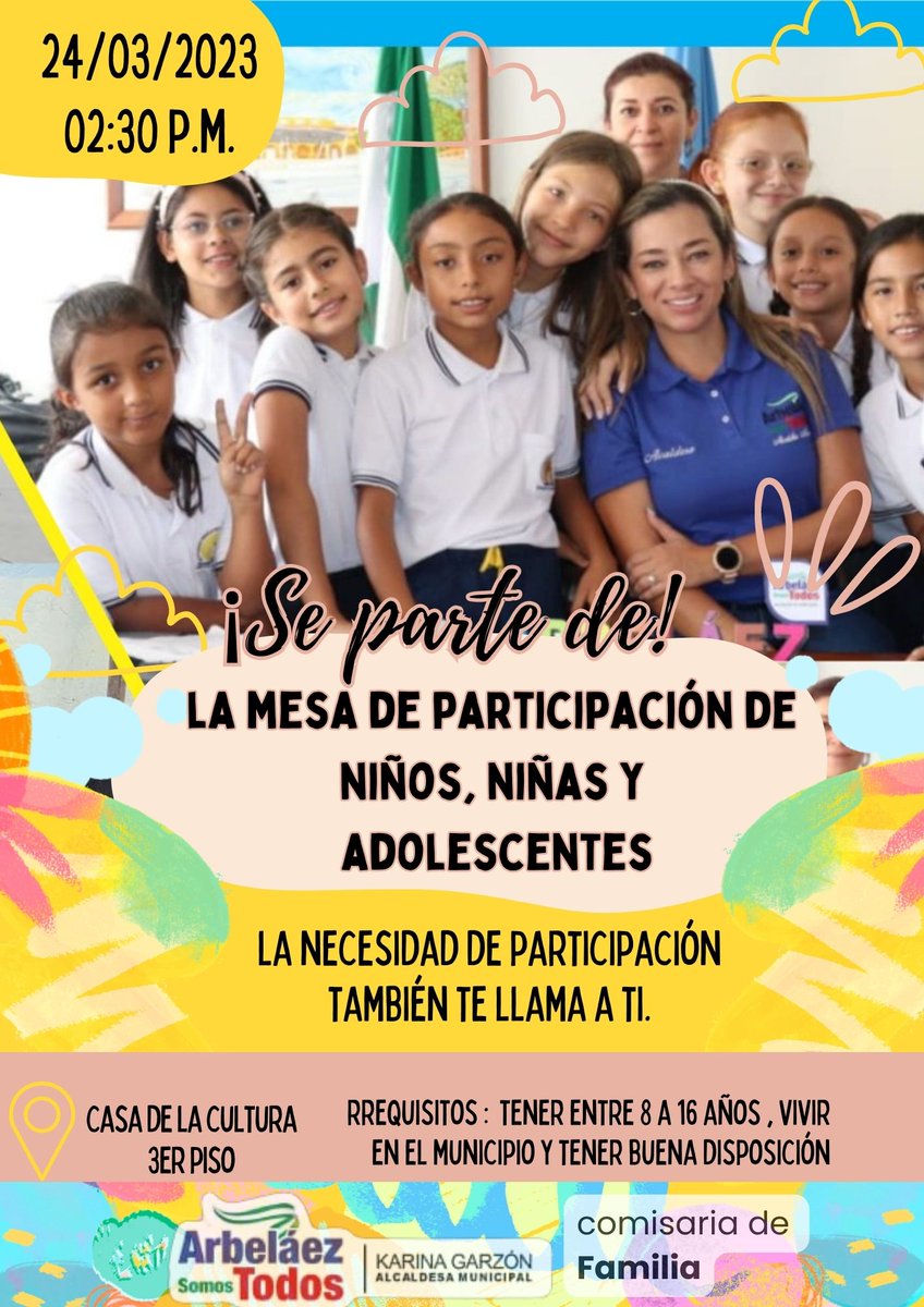 AlcArbelaez's tweet photo. #NiñezArbelaence|| 𝙡𝙖 𝘾𝙤𝙢𝙞𝙨𝙖𝙧𝙞́𝙖 𝙙𝙚 𝙁𝙖𝙢𝙞𝙡𝙞𝙖 del municipio invita a los menores a ser parte de la mesa de participación de niños y niñas y adolescentes.
¡Tus padres deben estar de acuerdo y firmar el consentimiento informado para participar! https://t.co/LOyWlBFO3S