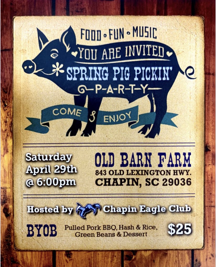 ChapinEagle's tweet photo. TICKETS ARE FOR SALE! It’s time for the Spring Pig Pickin’ Party! It will be held April 29 at the Old Barn Farm! See any Eagle Club board member to purchase tickets. https://t.co/TngLmxCJY4