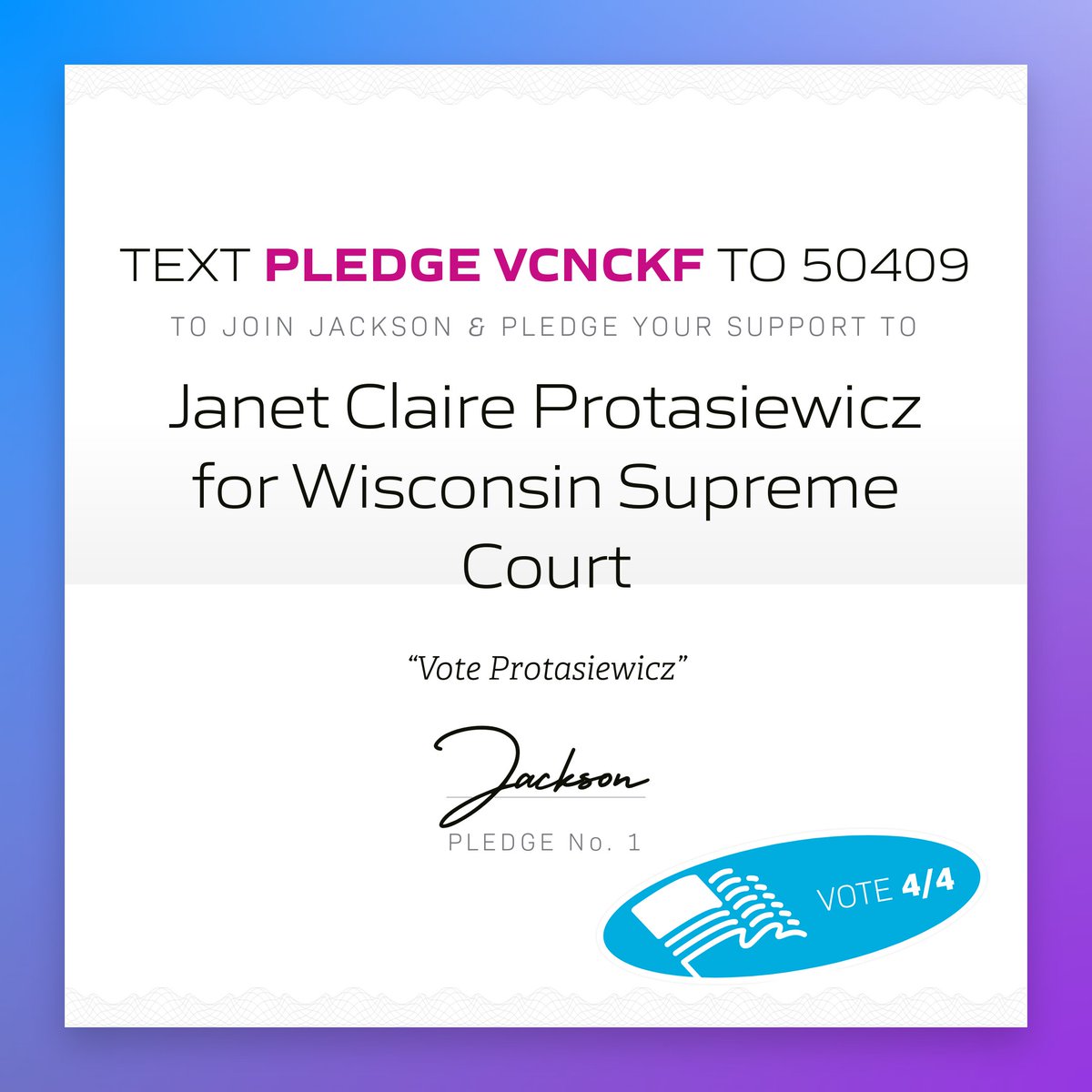 🖋 Jackson in Outagamie County, Wis. just pledged to support Janet Claire Protasiewicz for Wisconsin Supreme Court! 

Tap to pledge your support &amp; get ready to vote: x.com/messages/compo…