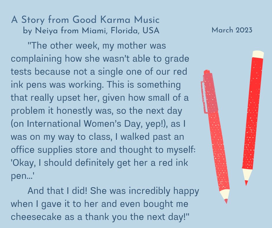 dharmaradiodrba's tweet photo. Neiya from Miami saw her mother frustrated that all of her grading pens weren’t working, and surprised her mom with a new red pen the very next day. 

Share your  act of kindness with us! Tell us a story of your kind acts for full albums at https://t.co/GNL2ENFUxE https://t.co/367sagmw6W