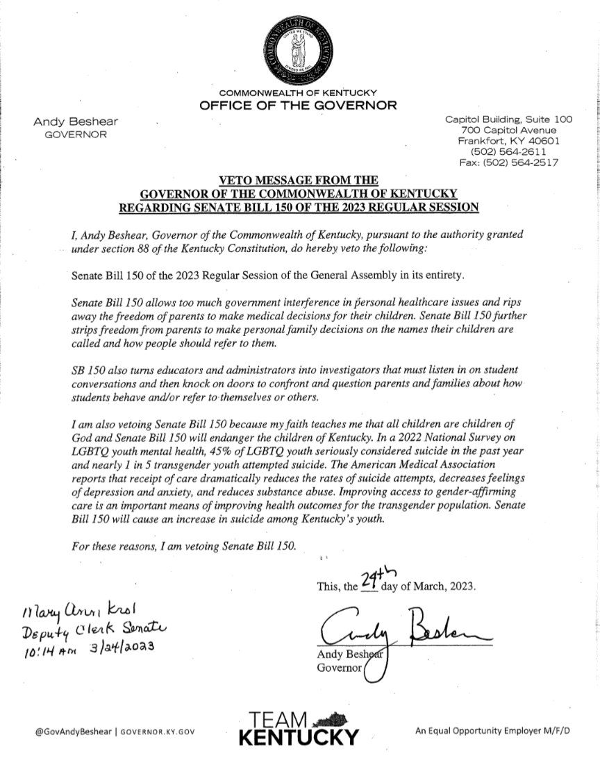 The folks you elected are endangering our children. This legislation harms our children. Thank you to <a href="/GovAndyBeshear/">Governor Andy Beshear</a> for your veto.