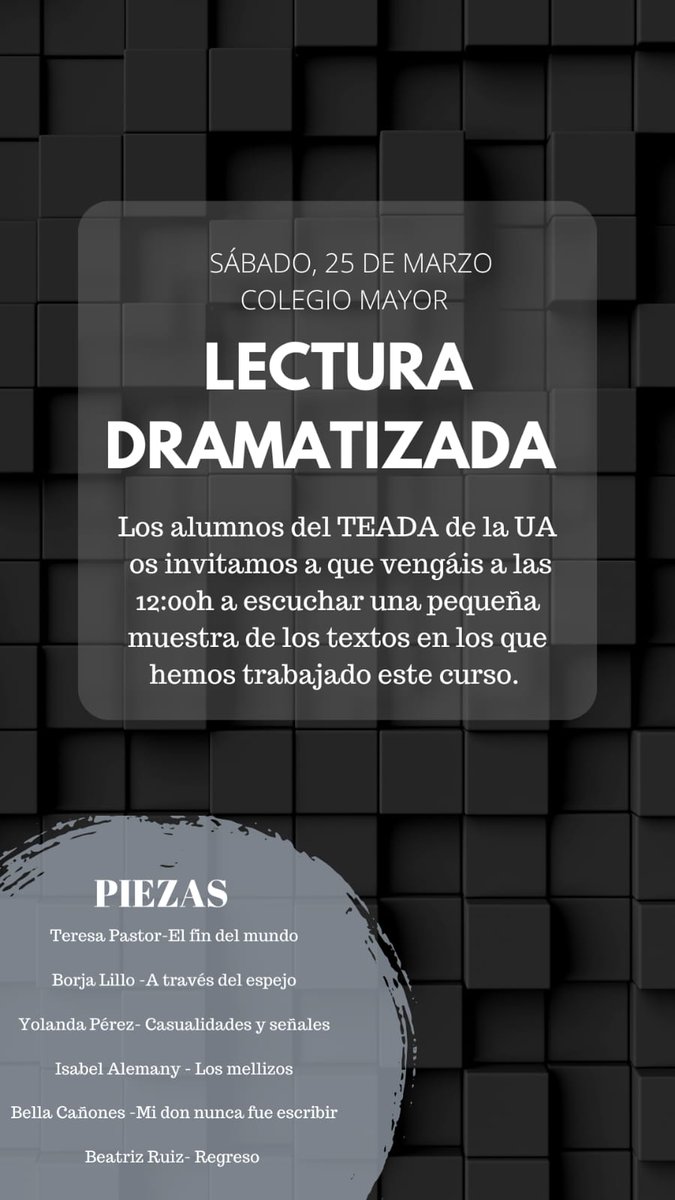 Os esperamos este sabado, 25 de marzo, en el Colegio Mayor de la UA a las 12:00. 

#actress #theateractress #teada #lecturadramatizada #elfindelmundo #atravesdelespejo #casualidadesyseñales #losmellizos #midonnuncafueescribir #regreso