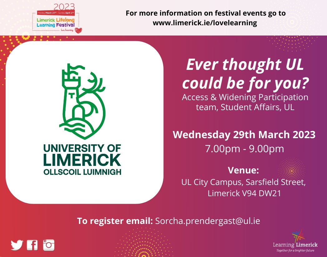 DSS_UL's tweet photo. Reminder to drop in to us for the #LLLFestival2023 on Wed 29 March, 7-9pm at the UL City Campus &amp; chat to the team from @DSS_UL, @eatc_ul, @MSO_UL &amp; @access_ul! We'd love to meet you &amp; answer any questions you have about studying @UL. #StudyatUl #ULis4U @ULSADivision @UL_GPS https://t.co/ziGI6ceGcU