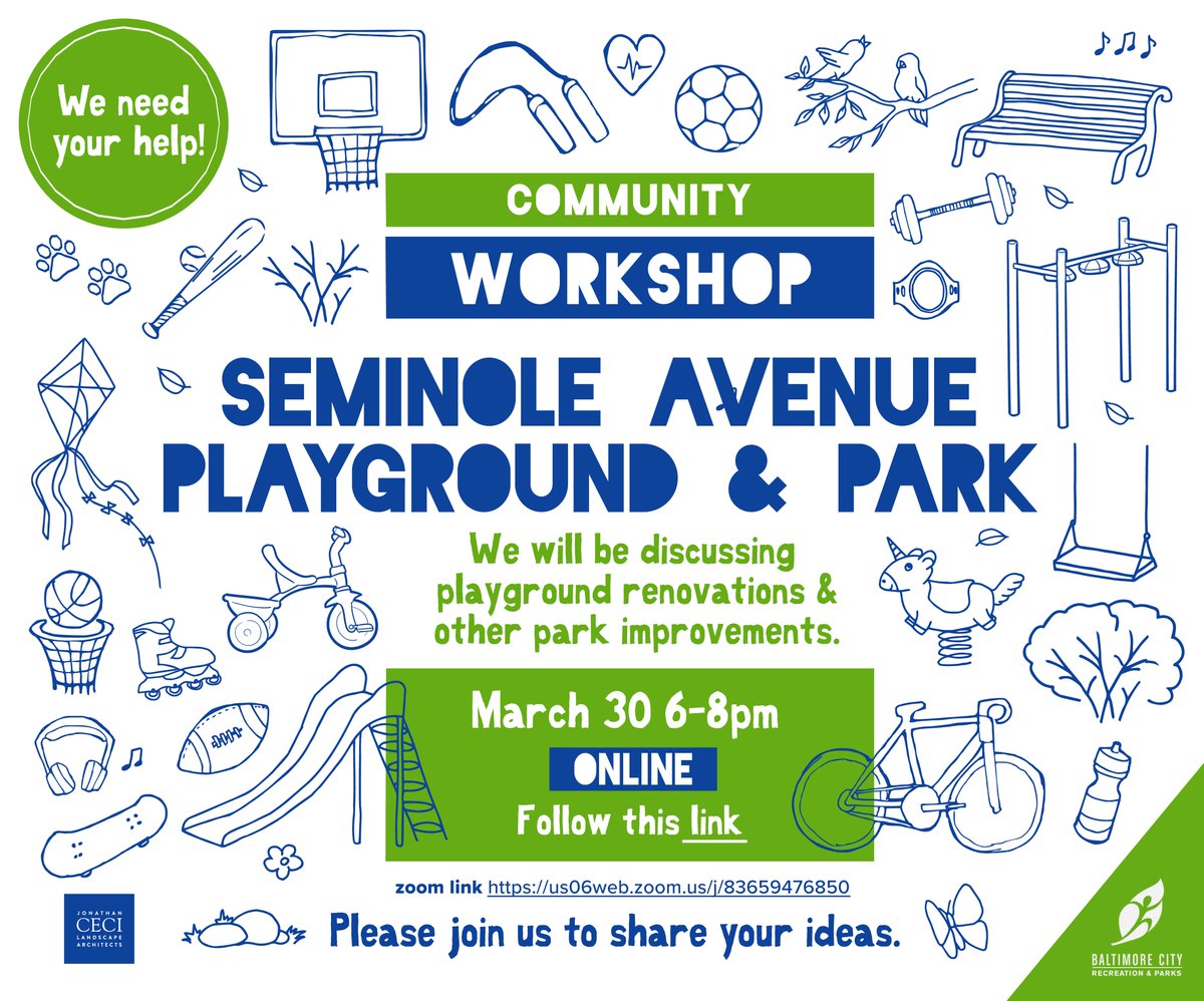 We need your help! Join us as we discuss playground renovations and other park improvements on March 30 from 6-8PM at our Seminole Avenue Playground & Park virtual meeting. Click the link below for the meeting👇 us06web.zoom.us/j/83659476850