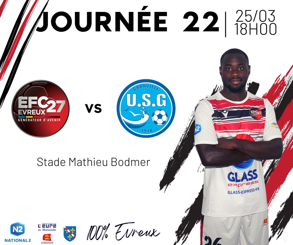 _EFC27's tweet photo. DEMAIN, Y A MATCH ! 🏠 

⚔️ Journée 22
🆚 US Granville
📅 Samedi 25 Mars
⏰ 18h00
📍Stade Mathieu Bodmer
🎟️ Gratuit licencié et -16ans / 5€ tout public 

💯% EVREUX ! ♠️♥️ https://t.co/SsgjwJh858