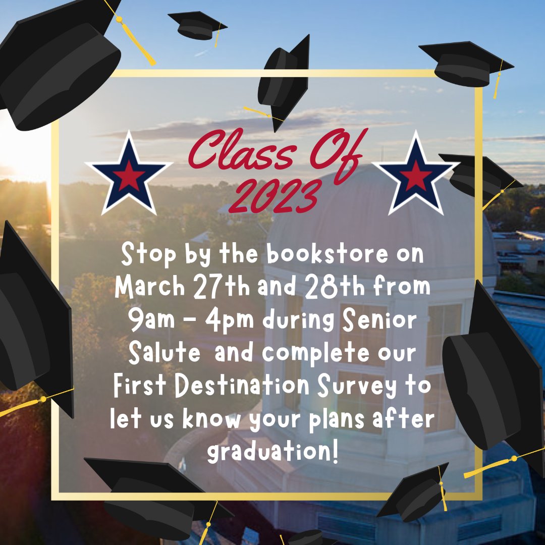 Class of 2023, what are your plans after graduation?

Stop by the bookstore this upcoming Monday and Tuesday anytime between 9am - 4pm during Senior Salute to complete our First Destination Survey!

There will be a sweet treat for all those who complete the survey 🍫