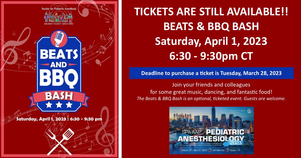 SPA (@PediAnesthesia) on Twitter photo 2023-03-24 16:01:25 SPA and AAP invite you to join your friends and colleagues for some great music, dancing, and fantastic food at The Beats & BBQ Bash on April 1. Kick back and register for this optional ticketing event here: ow.ly/9wUc50NqcjT #PedsAnes23 #PedAnes #anesthesiology #anesthesia SPA and AAP invite you to join your friends and colleagues for some great music, dancing, and fantastic food at The Beats & BBQ Bash on April 1. Kick back and register for this optional ticketing event here: ow.ly/9wUc50NqcjT #PedsAnes23 #PedAnes #anesthesiology #anesthesia