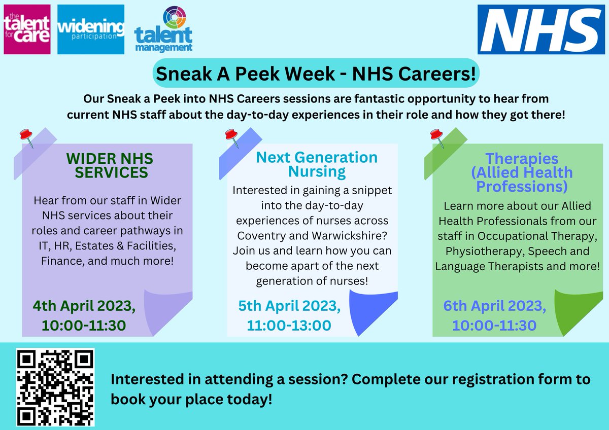 Sneak a Peek Week 2023! 
Want to know more about what it’s like to work in the NHS? Come along to the Sneak a Peek week events. There’s 3 online sessions taking place, full details below.
Click here to book your place at 1, 2 or all 3 sessions: forms.office.com/e/cBV6WSHGfF