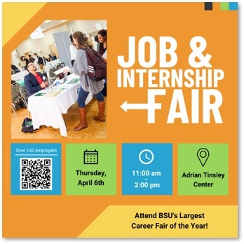 @bsucareerserv is hosting BSU's Job & Internship Fair on 4/6. More than 120 employers will be there. And they're coming to campus to talk to YOU about internships and jobs! Students and alumni are encouraged to attend. Register on Handshake.

#BSUworks #BSULife #BSUGradStudent