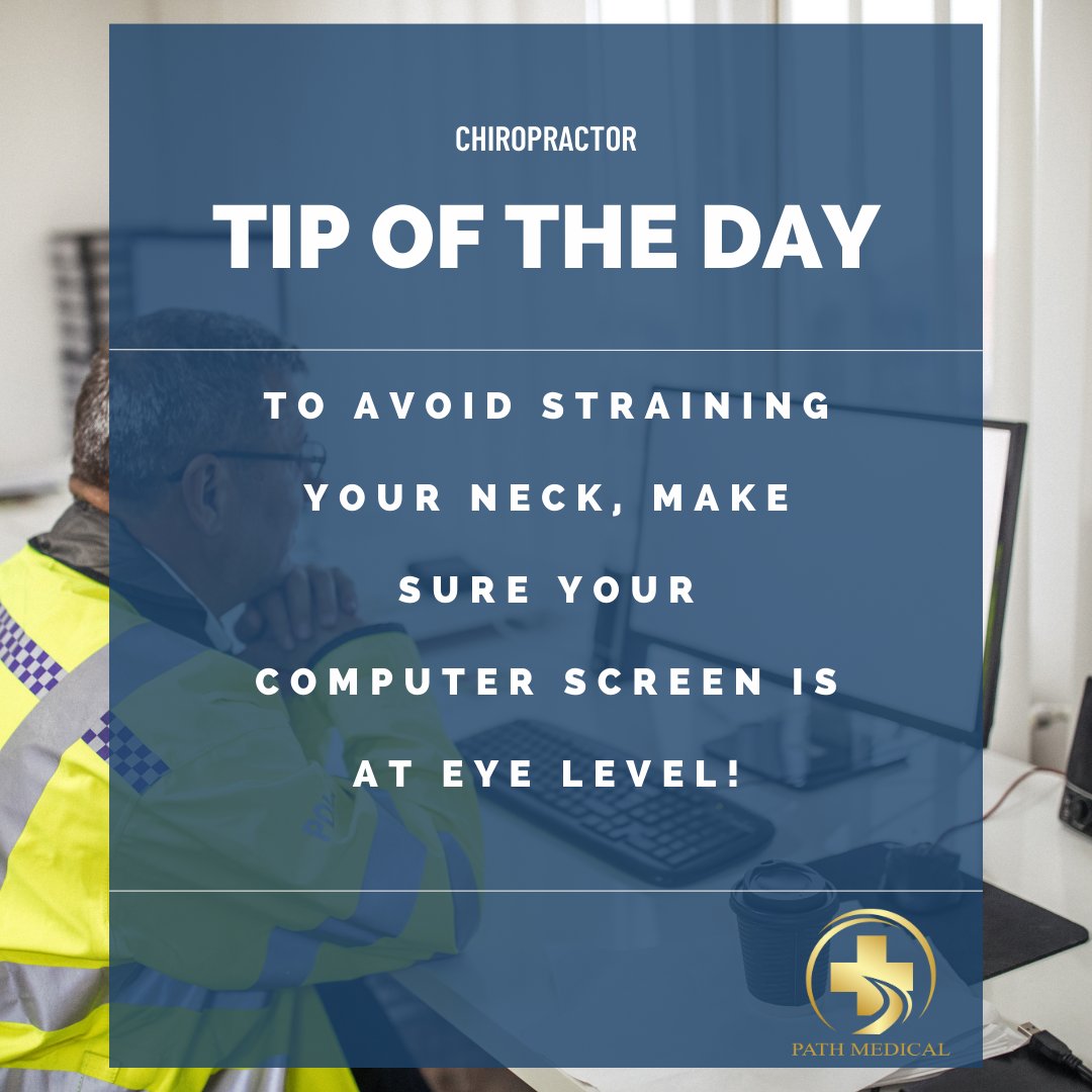 Neck pain and strain from looking down at your computer screen all day? Keep your neck in a neutral position by adjusting your computer screen to eye level. Your body will thank you! #pathmedical #funfactfriday #healthylifestyle #posturetips #chiropractor