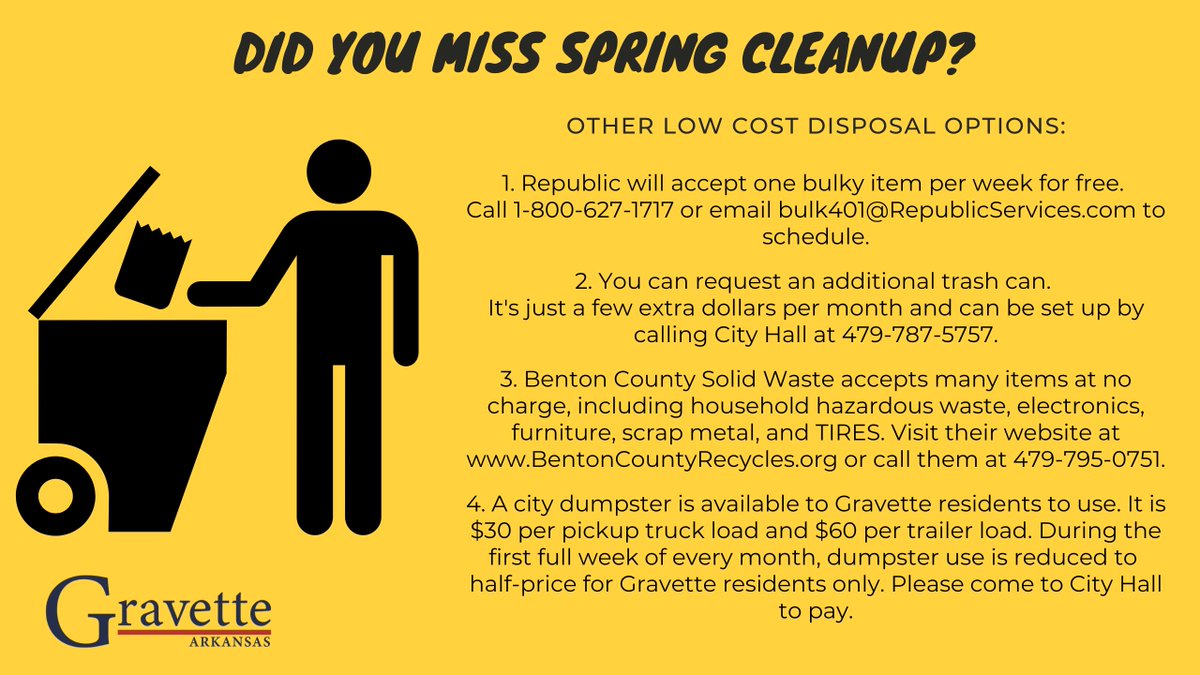 Did you miss spring cleanup? There are many other low cost ways to disposal of items. There will also be another cleanup event in the fall.