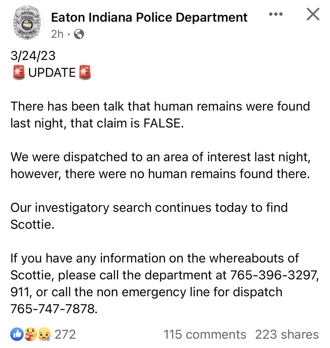 iamlegacy23's tweet photo. #ScottieDeanMorris | #ScottieMorris 

Here is Eaton Police Department stating about the rumor that human remains were found. #FindScottie https://t.co/PkMVnU8GpG
