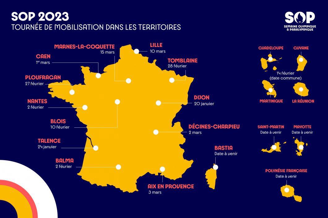 La Semaine olympique et paralympique #SOP2023 sur le thème de l'inclusion et des para-sports approche 👉 du 3 au 8 avril !
Une tournée de mobilisation est prévue à travers les territoires hôtes et #TerredeJeux2024 ! #BougerPlus