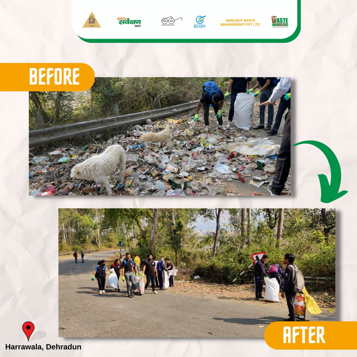 DdnNagarnigam's tweet image. Here's a Before and After of our Today's CleanUp Drive in action! 🌿🚮 The drive was in association with Waste Warriors and received support from several volunteers to clean up the streets of Harrawala. 
#BeforeandAfter #Transformation #CleanupDrive #CleanupDriveinDehradun