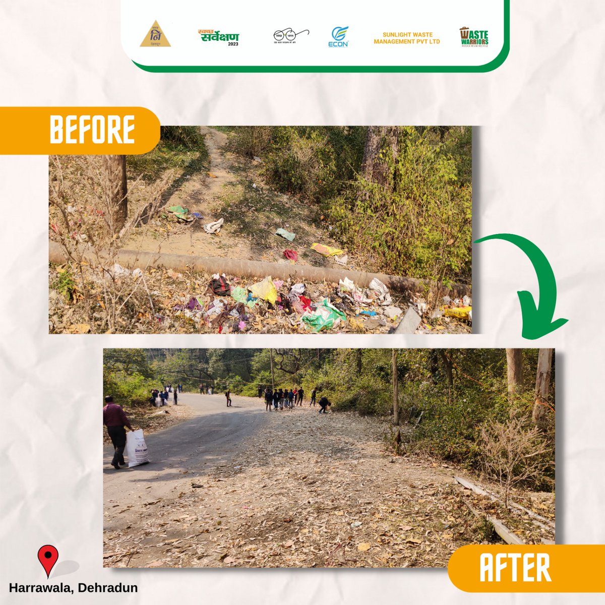 DdnNagarnigam's tweet image. Here's a Before and After of our Today's CleanUp Drive in action! 🌿🚮 The drive was in association with Waste Warriors and received support from several volunteers to clean up the streets of Harrawala. 
#BeforeandAfter #Transformation #CleanupDrive #CleanupDriveinDehradun