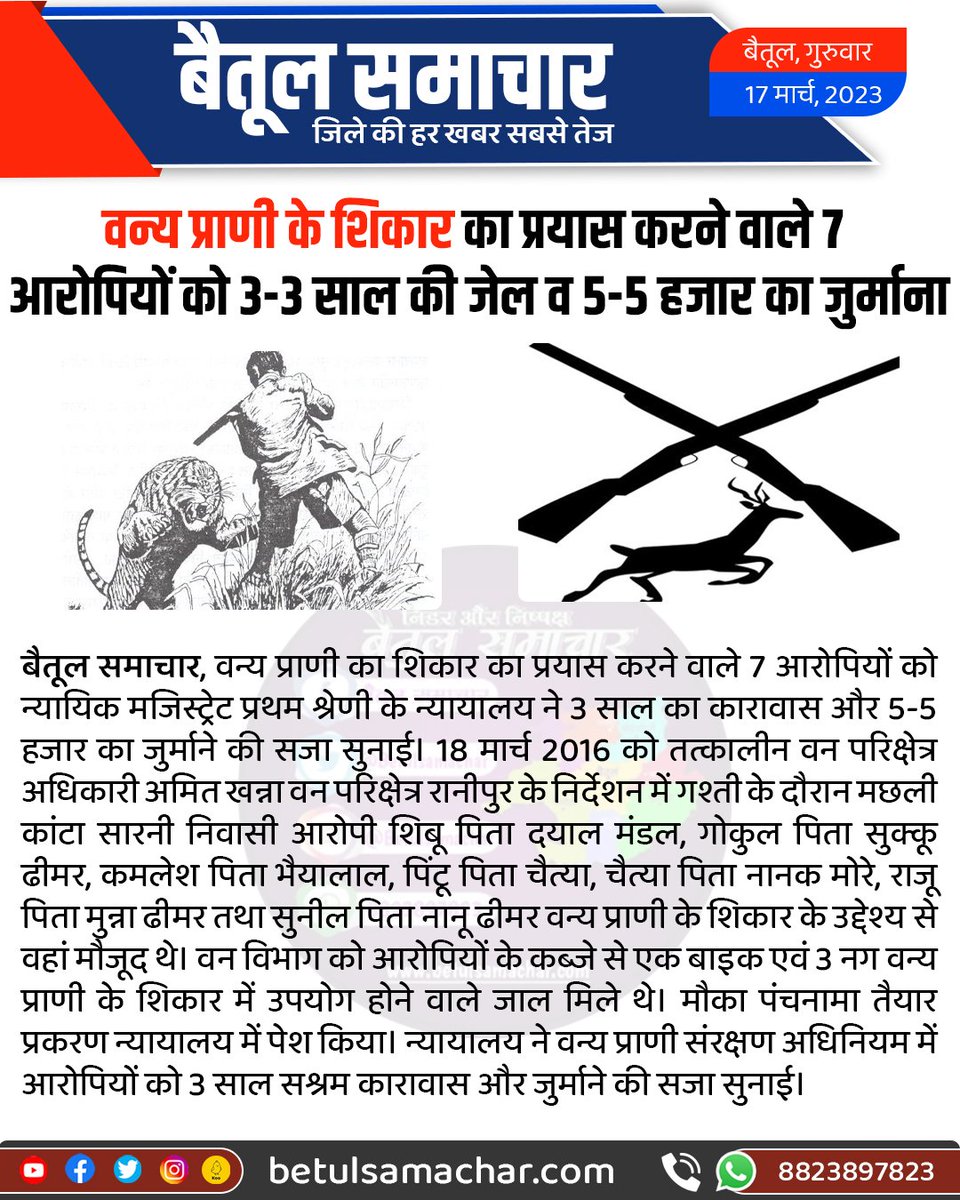 BetulSamachar's tweet photo. वन्य प्राणी के शिकार का प्रयास करने वाले 7 आरोपियों को 3-3 साल की जेल व 5-5 हजार का जुर्माना
#betulnews https://t.co/08ptkrf64i