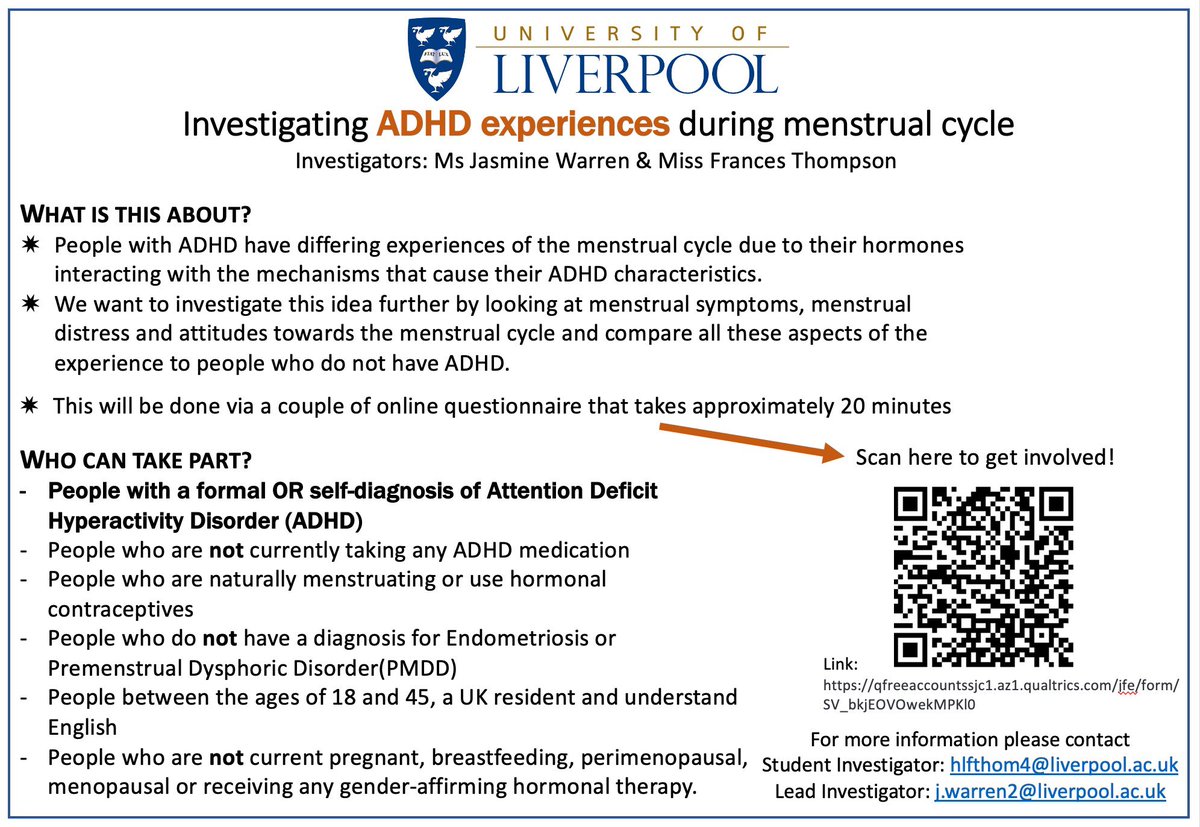 Research opportunity with <a href="/LivUni/">University of Liverpool</a>!

We’re looking for people with ADHD who menstruate to share their experiences on a survey (no formal diagnosis needed!)

check the criteria below and click the link: qfreeaccountssjc1.az1.qualtrics.com/jfe/form/SV_bk…

#NeurodiversityCelebrationWeek #ADHD #menstruation