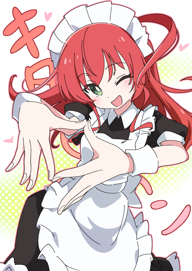 1girl solo green eyes one eye closed red hair maid maid headdress  illustration images