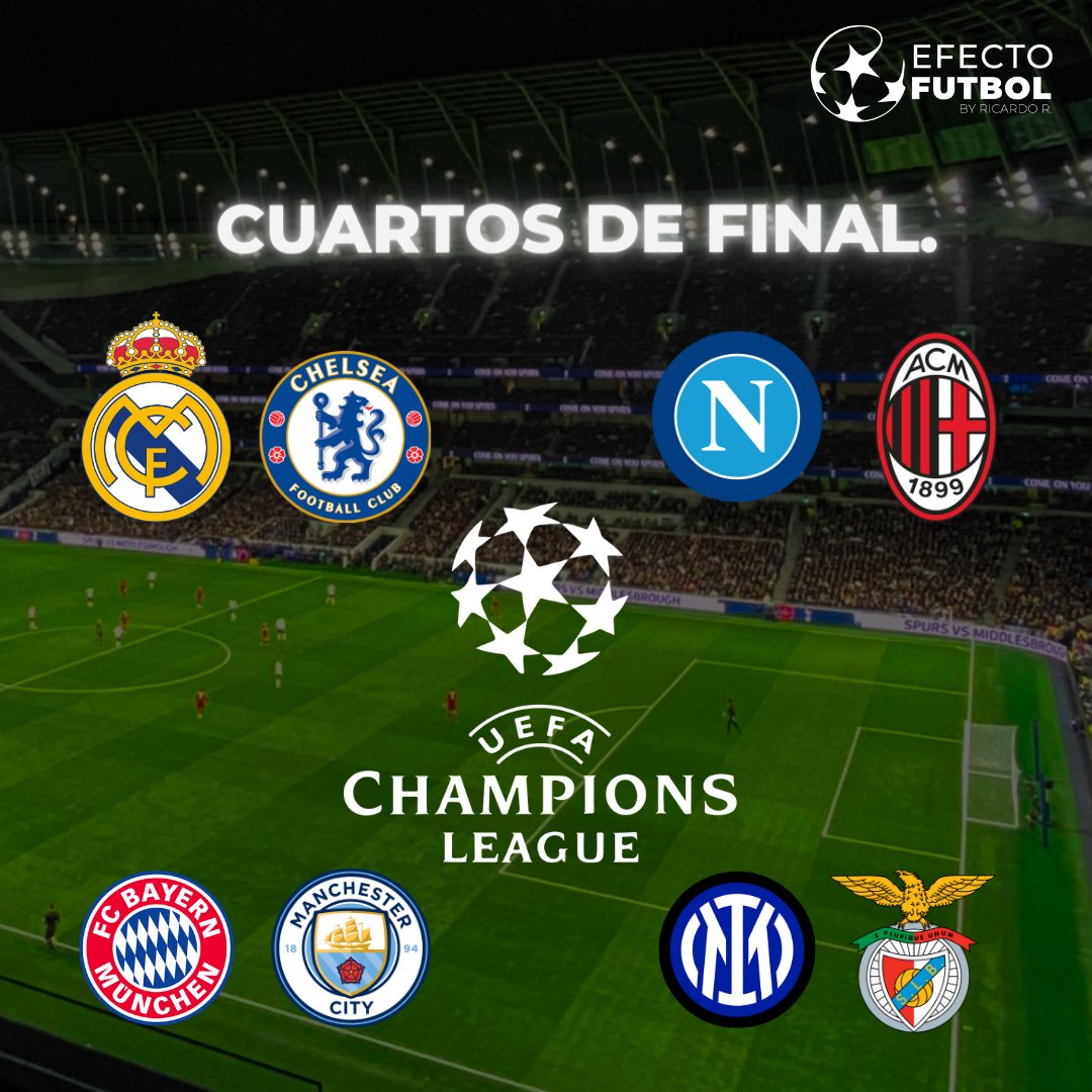 Cuartos de Final de Champions league queda de esta forma.

Madrid vs Chelsea
Benéfica vs Inter
City vs Bayer
Milan Vs Napoles

#ChampionsLeague #CuartosDeFinal #RealMadridvschelsea #napolesvsmilan #cityvsbayer #Intervsbenfica #efectofutbol11