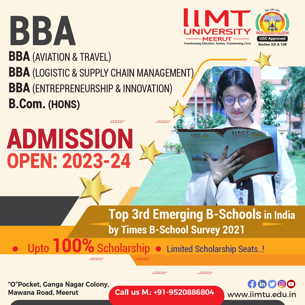 IIMT_U's tweet photo. Admissions Open in BBA (All Trending Program) & B. Com.-Hons for the session 2023-24
#AdmissionsOpen2023 #BBAAdmissions #BComAdmissions
#BBACourse #BusinessAdministration #Commerce
https://t.co/3CxZLmQWbd | Helpline +91-9520886804
#IIMTU #AdmissionsOpen #CollegeAdmissions https://t.co/1SmmbN5G8v