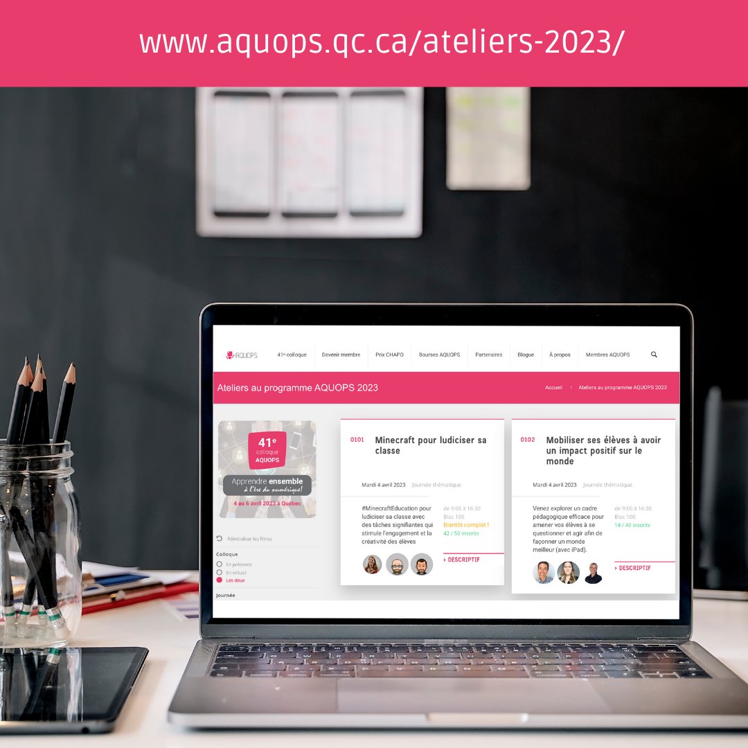 Du 4 au 6 avril, une tonne d’ateliers et de conférences vous seront offerts en lien avec la #technologie en milieu scolaire.  Consultez le programme numérique pour les détails de chacun des ateliers du colloque 👉aquops.qc.ca/ateliers-2023/  #aquops #41ecolloque