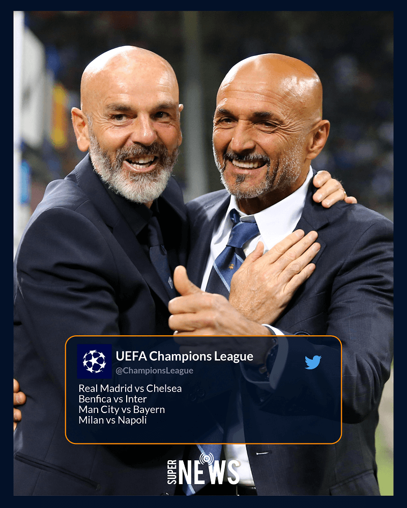 L'esito del #sorteggio di #ChampionsLeague 

Semifinale 1
chi vince tra #RealMadridChelsea e #ManchesterCityBayernMonaco

Semifinale 2
chi vince tra #InterBenfinca e #MilanNapoli 

#UCLdraw
