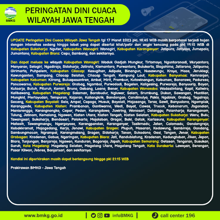Update Peringatan Dini Cuaca Wilayah - Jawa Tengah Tgl. 17 Maret 2023 pkl. 19:15 WIB
Prakirawan - BMKG - Jawa Tengah
nowcasting.bmkg.go.id/nowcast?kodwil…