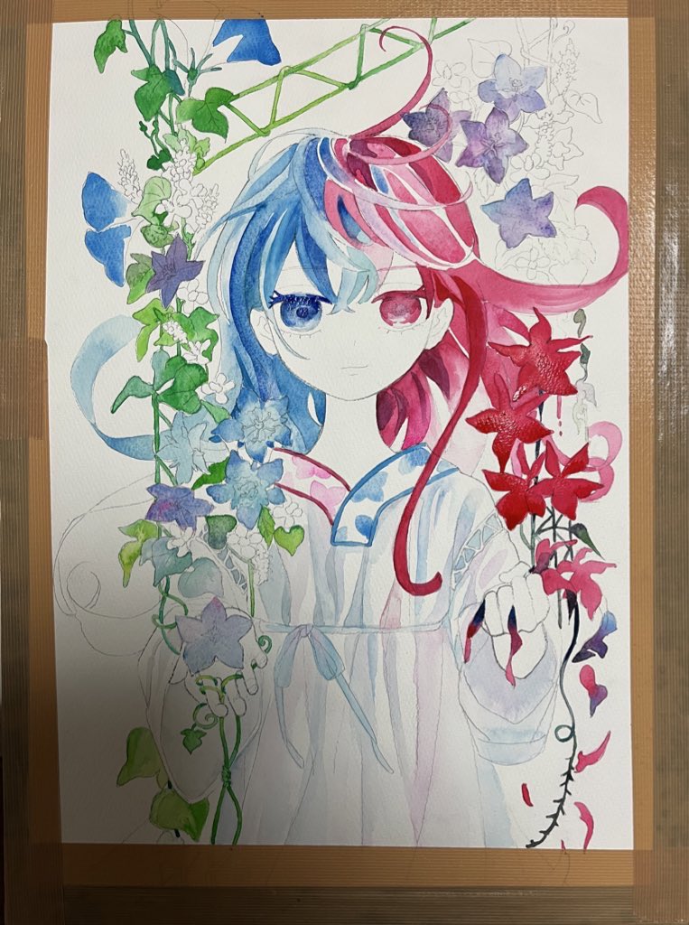 1girl flower heterochromia red hair blue eyes red eyes blue hair  illustration images