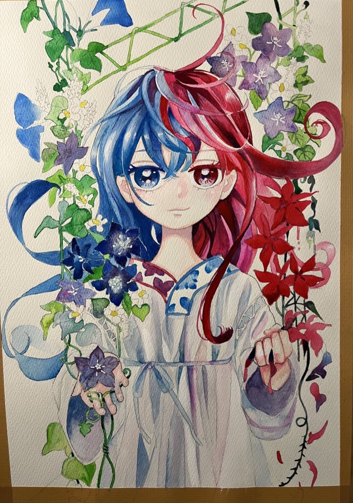 1girl flower heterochromia red hair blue eyes red eyes blue hair  illustration images