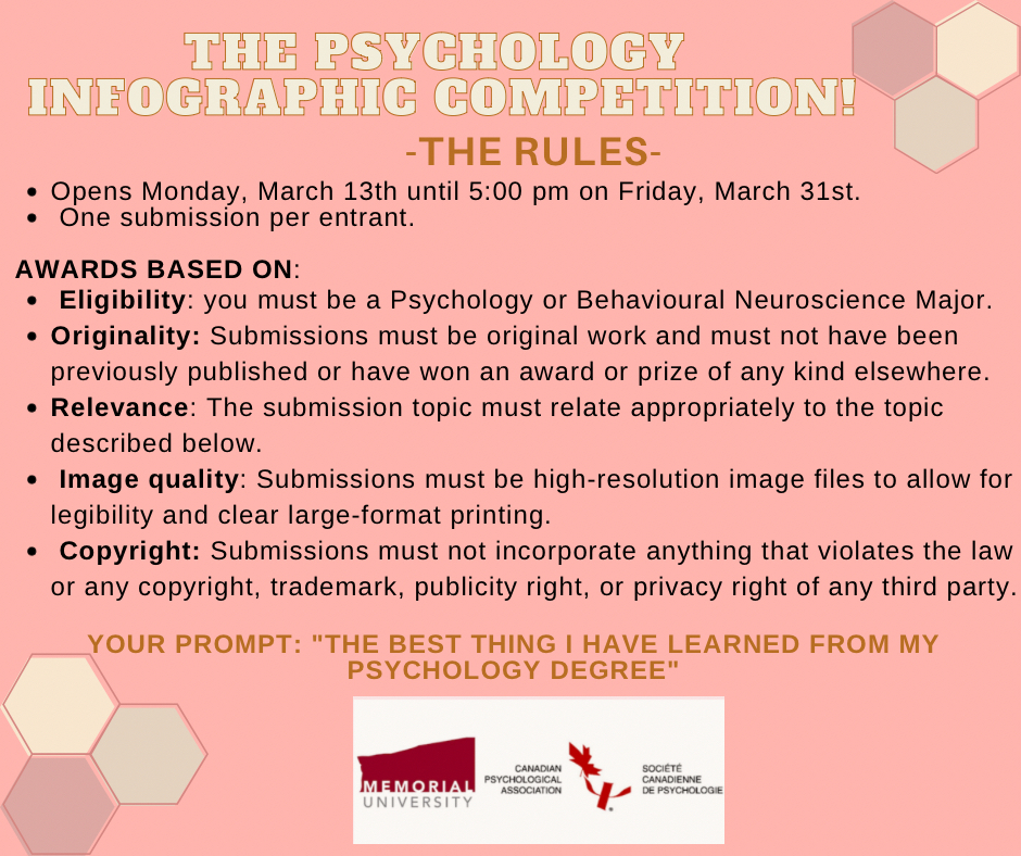 MUN_Psychology's tweet photo. Create an #infographic and tell us what is "The best thing I have learned from my psychology degree" You could win cool swag from @CPA_SCP and @MemorialUSci and be featured at the Annual Psychology Research Day. Don't Delay! Contest closes March 31st. See below for contest rules. https://t.co/EWw659KrDY