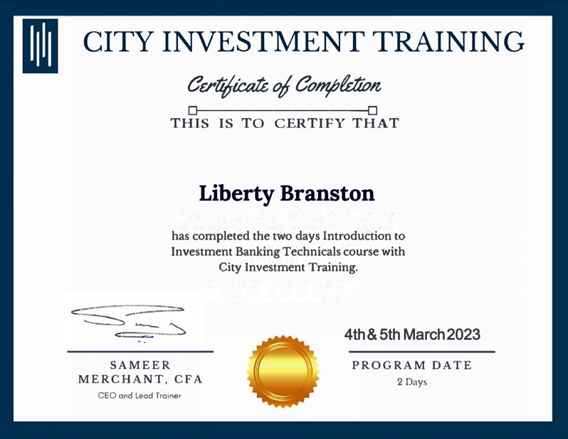 LibertyBranston's tweet photo. Thank you to @CityInvestment_ 
Gaining invaluable insight into Investment Banking, I have had the opportunity to meet people in the industry, from a portfolio manager in London to an M&amp;A analyst in Chicago, learnt about financial modelling, and practised accounting. https://t.co/0NiG3ZjNNU