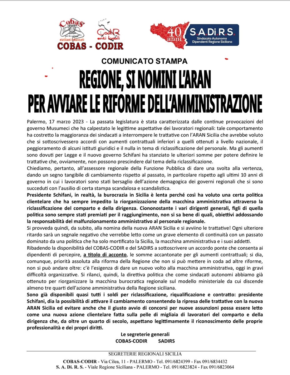CobasCodir's tweet photo. COMUNICATO STAMPA 
REGIONE, SI NOMINI L'ARAN PER AVVIARE LE RIFORME DELL'AMMINISTRAZIONE. https://t.co/sL19fqLua7