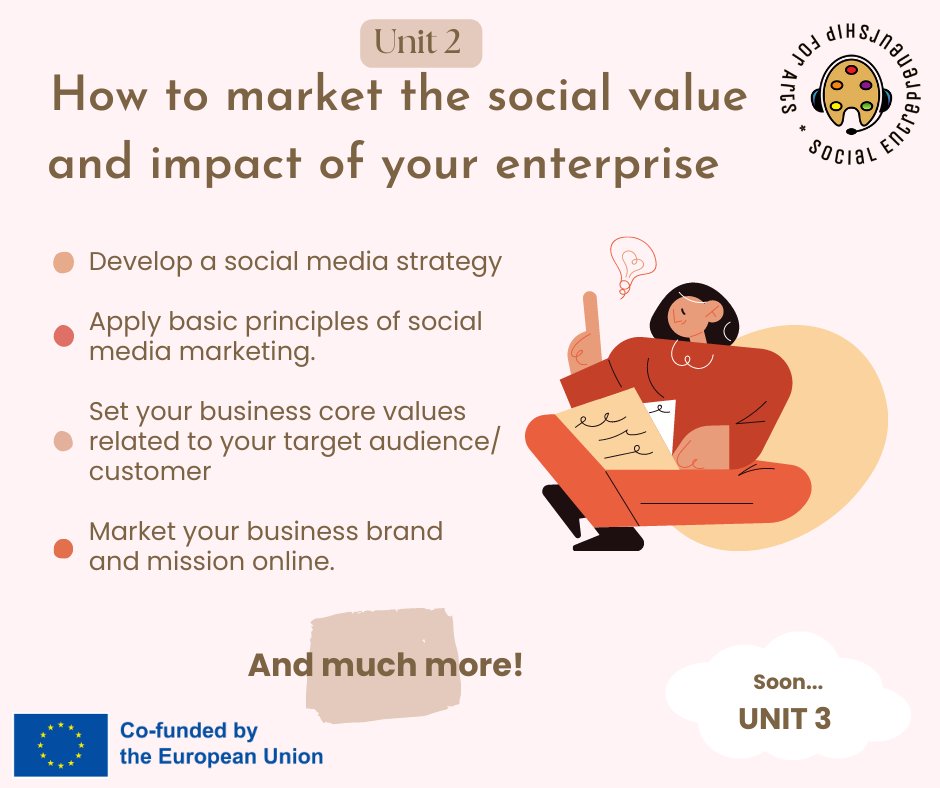 SE4Arts's tweet photo. In unit 2  you will gain knowledge about the key principles, characteristics, and elements of social marketing to promote your social purposes and core values.
https://t.co/krSZXHmH2q #SE4A #ErasmusPlus #art4socialchange https://t.co/bZ4fc4MQIA