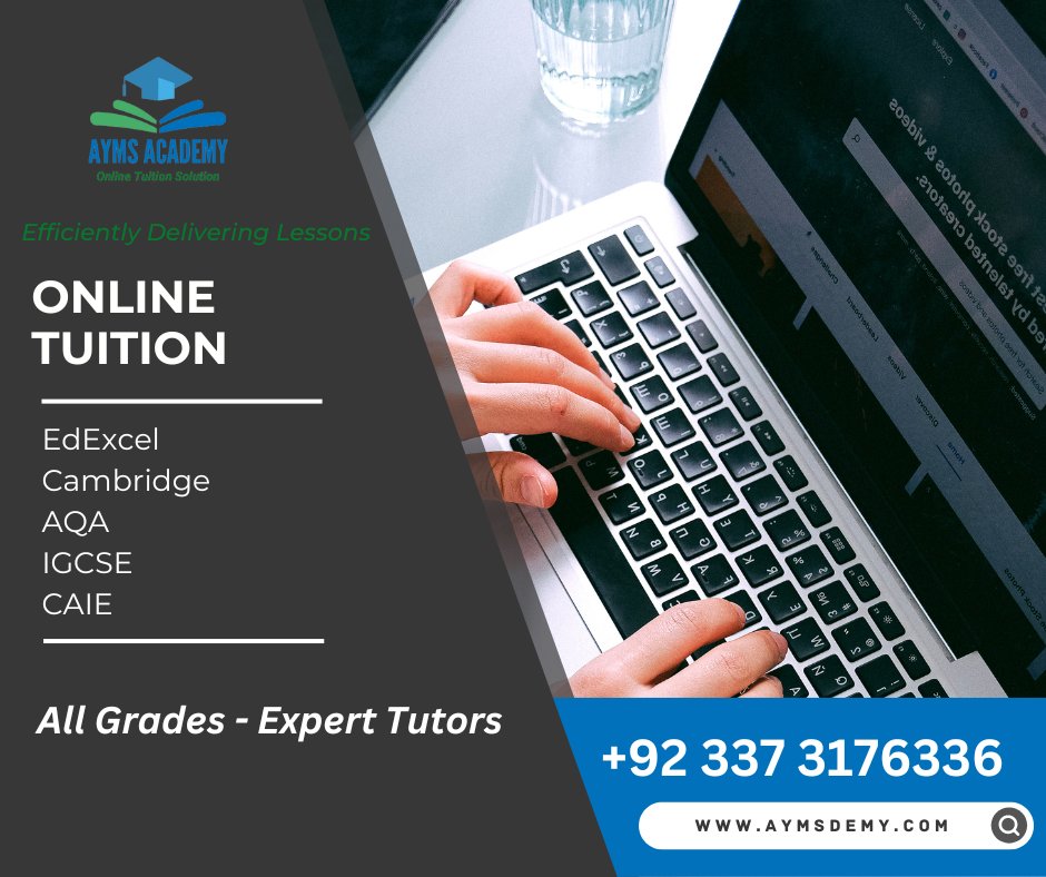 Ayms Academy is an online tuition provider that provides an expert tutor with a specialty in the subject and possesses experience of around 10 to 20 years. 
FREE DEMO CLASS.
+92 337 3176336

#aymsonlinetuition #aymsacademy #onlineteacher #experttutor #onlinelearning #Trending