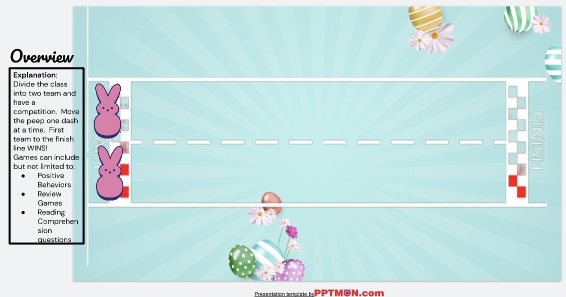 mrs_truckman's tweet photo. Have a peep race for positive behaviors! Split the class in 2. Move dash by dash to the finish line or if you are not looking for incentive. Use it for a review game.

#edtech #behavioredtech #edchat #edchatie #teachertwitter 

https://t.co/5ouzrXNnT0 https://t.co/7yoxl3Fhd8