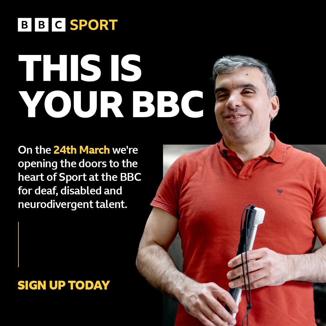 Are you disabled, want to work in sport and media? 

BBC Sport has an open day in Salford and online on 24 March 

Click for details 
bbc.in/3Jx3Gq9