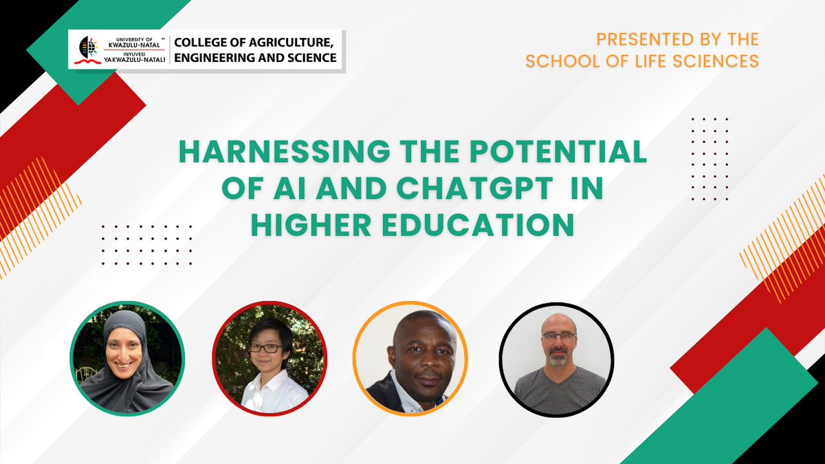 UKZN's tweet photo. Watch our informative discussion on the practical applications of Artificial Intelligence (like ChatGPT) in teaching and learning and research in STEM disciplines

#artificialintelligence  #research #stemeducation #stem #chatgpt #ai #highereducation #ukzn

https://t.co/4JkPzpSYYH https://t.co/ppBKJoBnnE