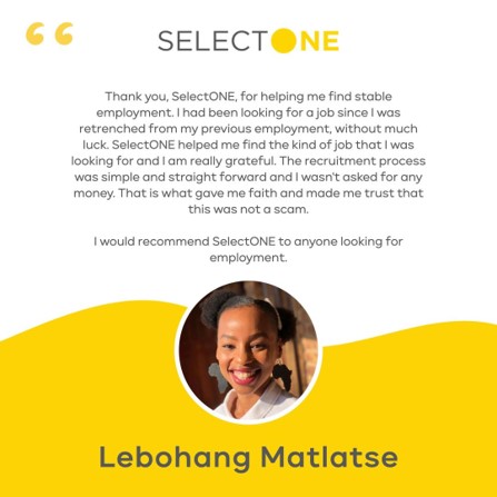 SelectONEza's tweet photo. #CandidateTestimonial 
Looking for the perfect role? Check out https://t.co/wbABPKWMFC
Looking for a candidate? Drop an email to info@selectone.co.za
#recruitment #recruitmentagency https://t.co/R7s0jcTzsJ