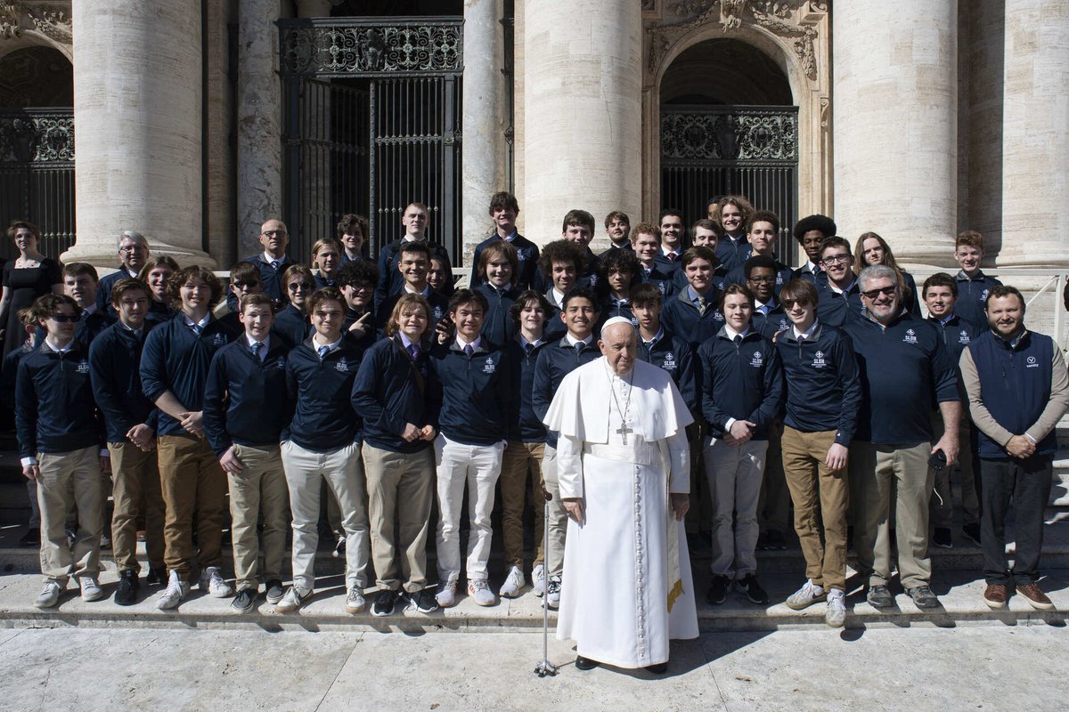 Sluhpresident's tweet photo. The Rome Orchestra travelers were blessed to play for & then meet with Pope Francis this week. Another great moment to be a Jr Bill!!! We will pray for you Holy Father, as you requested. The highlight of a trip full of highlights. #AMDG #Jesuiteducated #SLUH https://t.co/U1txP27W5v