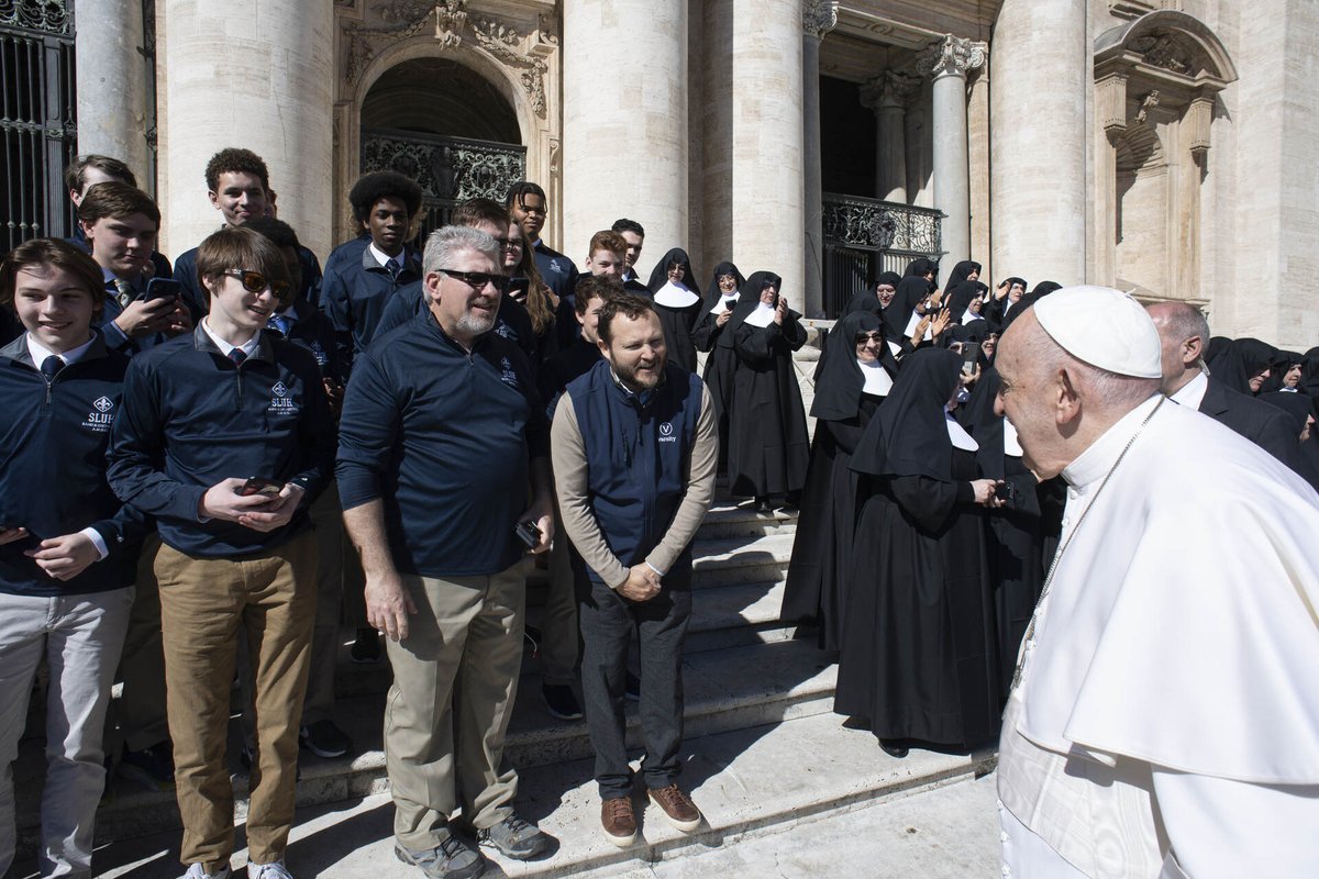 Sluhpresident's tweet photo. The Rome Orchestra travelers were blessed to play for & then meet with Pope Francis this week. Another great moment to be a Jr Bill!!! We will pray for you Holy Father, as you requested. The highlight of a trip full of highlights. #AMDG #Jesuiteducated #SLUH https://t.co/U1txP27W5v