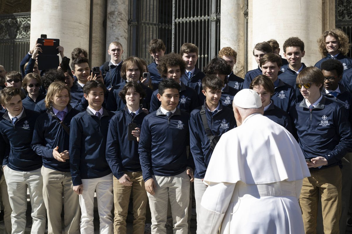 Sluhpresident's tweet photo. The Rome Orchestra travelers were blessed to play for & then meet with Pope Francis this week. Another great moment to be a Jr Bill!!! We will pray for you Holy Father, as you requested. The highlight of a trip full of highlights. #AMDG #Jesuiteducated #SLUH https://t.co/U1txP27W5v