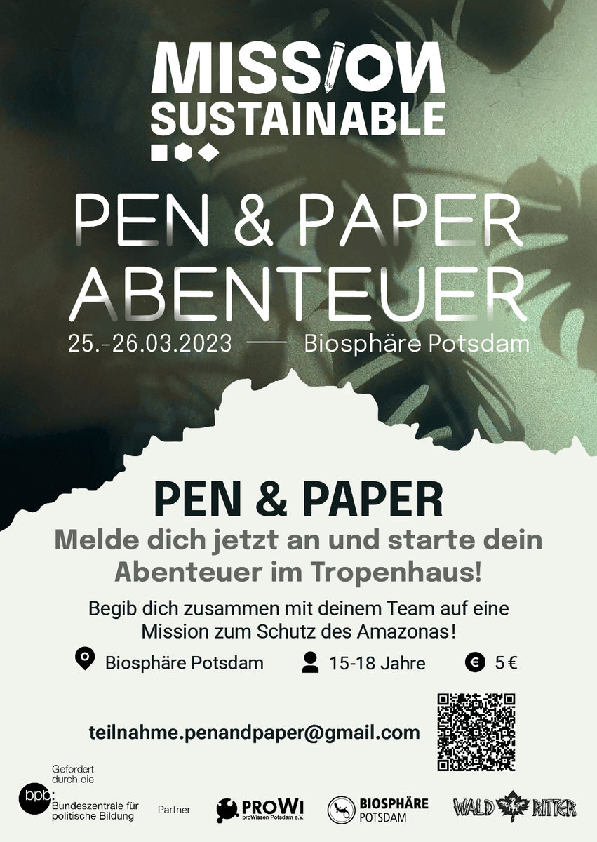 Begib dich zusammen mit deinem Team auf eine Mission zum Schutz des #Amazonas! Am 25. und 26.3. findet in der Biosphäre #Potsdam ein #pnp Paper Event statt, 15-18 Jährige mehr über Regenwaldabholzung erfahren können. t1p.de/xqknb #Klimaschutz #umwelt #pnpde #twlz
