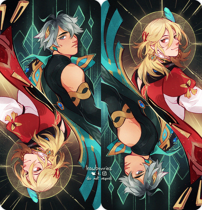 a long vertical illustration depicting Alhaitham and Kaveh in mirrored poses, such that one will be upside down while the other is upright. Alhaitham has green diamonds representing chisel-light mirrors behind him, while Kaveh has a golden circle with a faint floral pattern, its outward rays resembling a sun.