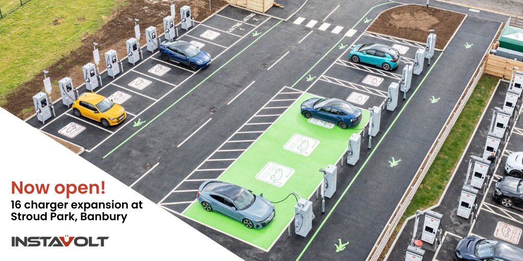 InstaVoltUK's tweet photo. ⚡ And we’re live! ⚡

We’ve added 16 new 120kW rapid chargers to our site at Stroud Park, Banbury.

With 32 chargers, the site, situated on the M40 is now one of the largest rapid charging hubs in the UK! 

The site now includes 12 wider access bays and 4 fully accessible bays. https://t.co/n3Qnvu82X0