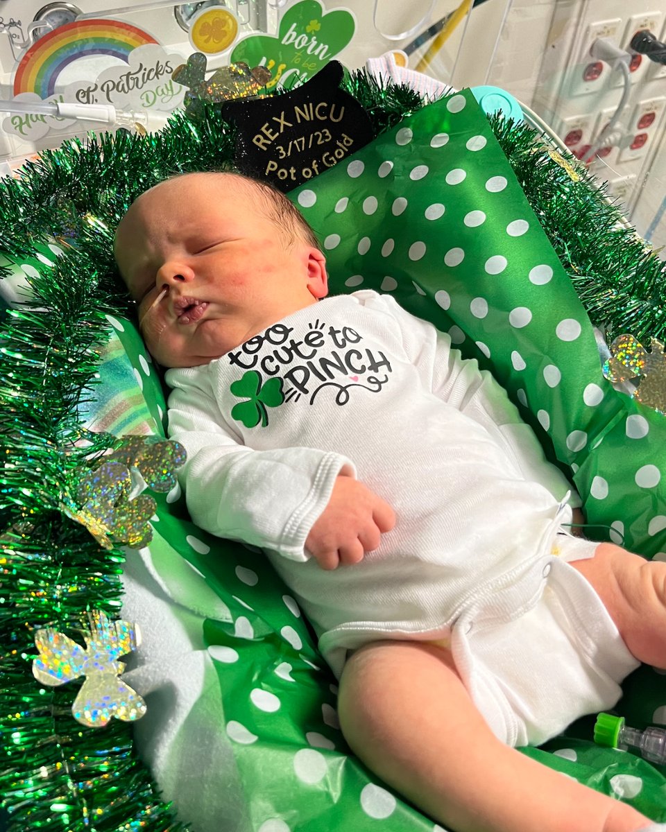 UNCHealthRexHS's tweet photo. Babies at the UNC Health Rex Women's Center NICU in Raleigh are dressed up for St. Patrick's Day today! The onesies our beautiful babies are sporting were made by a Rex NICU teammate. Take a look at these beautiful faces! ππ
#rex #rexrocks #rexbaby #stpatricksday #paddysday https://t.co/3QGzqIjSAZ