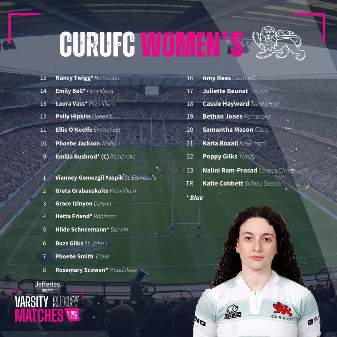 VarsityMatches's tweet photo. 🚨TEAM ANNOUNCEMENT🚨 

Here's how @CURUFC line up for this year’s Varsity Matches @Twickenhamstad 

Get your tickets for Saturday 25th March via the 🔗 https://t.co/EchQ6kmMcH https://t.co/VjB16tfXPU