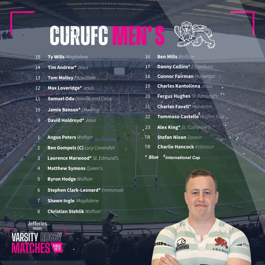 VarsityMatches's tweet photo. 🚨TEAM ANNOUNCEMENT🚨 

Here's how @CURUFC line up for this year’s Varsity Matches @Twickenhamstad 

Get your tickets for Saturday 25th March via the 🔗 https://t.co/EchQ6kmMcH https://t.co/VjB16tfXPU