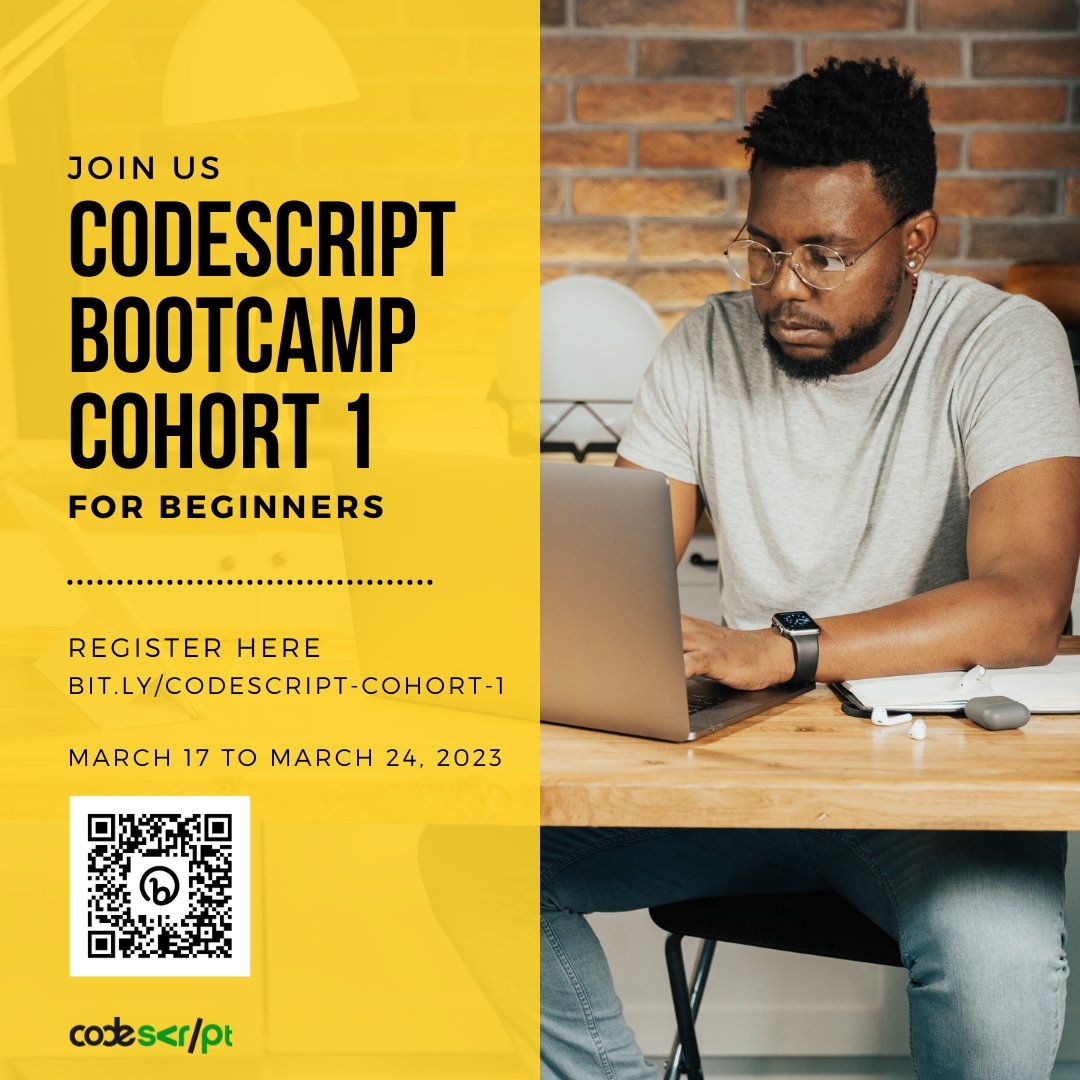 codescript_'s tweet image. Are you a beginner 🔰, interested in learning to code, and searching for a platform that provides you mentorship while learning to code? You're in luck. Join the codescript 6 weeks bootcamp for the first cohort. Register: bit.ly/codescript-coh…
#codescript #codescriptBootcamp